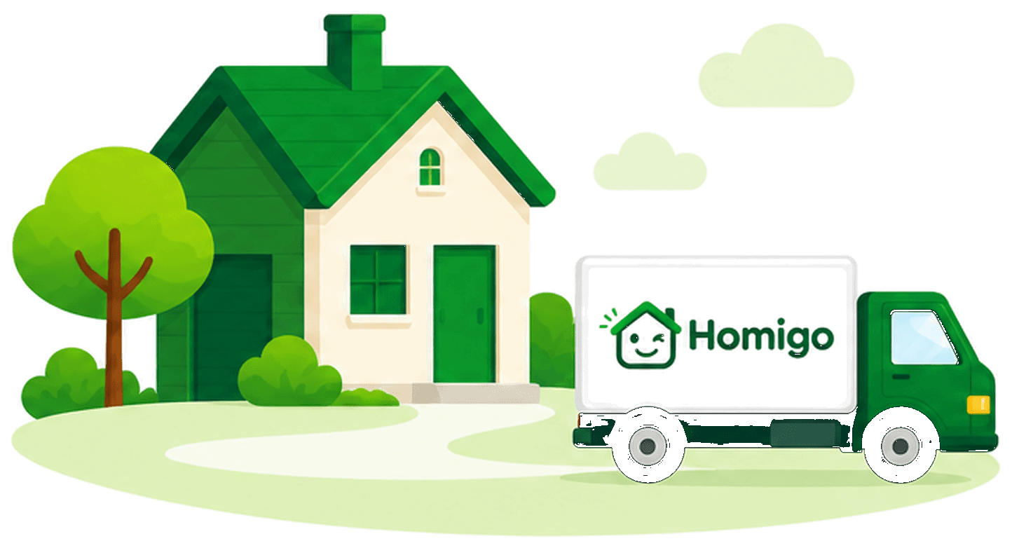 A Homigo truck arriving at a home